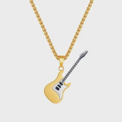 Classic Guitar Charm Pendant Necklace in Gold Steel