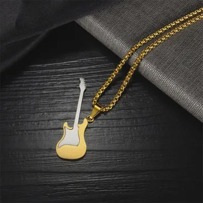 Classic Guitar Charm Pendant Necklace in Gold Steel