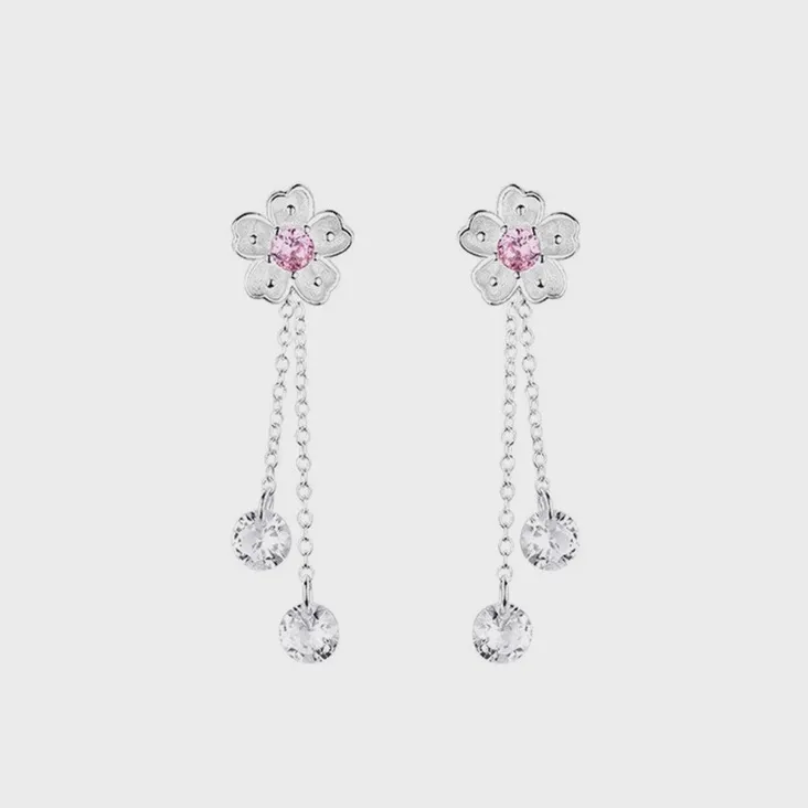 Cherry Blossom Flower Dangle Drop Earrings in Solid Copper