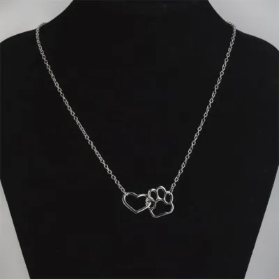 Dog Paw and Heart Necklace in Stainless Steel