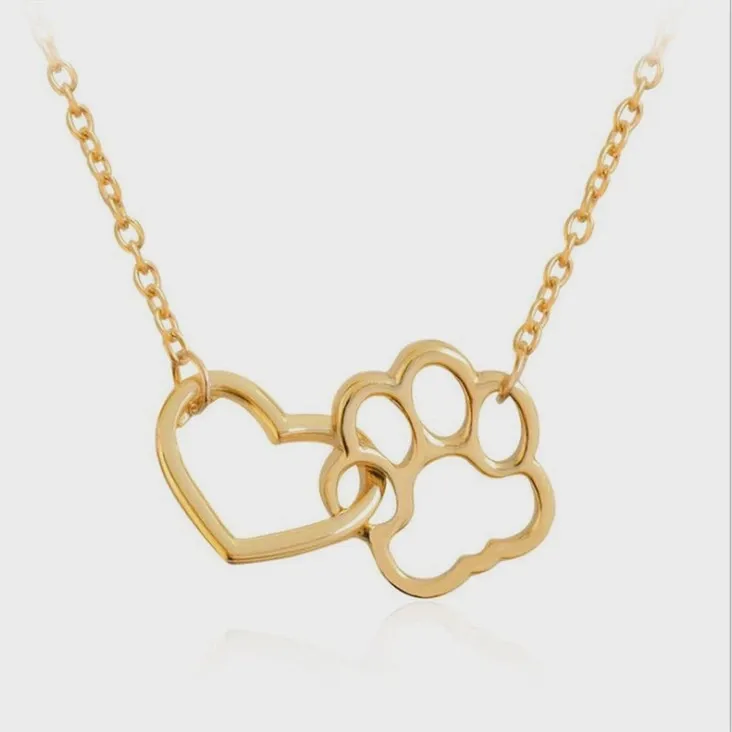 Dog Paw and Heart Necklace in Gold