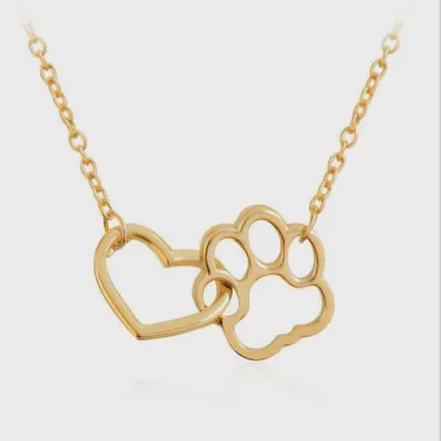 Dog Paw and Heart Necklace in Gold