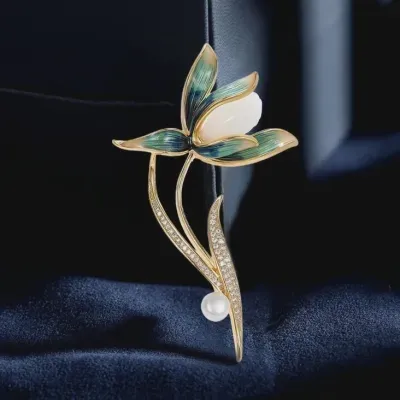 Enamel Magnolia Flower Pearl Brooch in Solid Copper