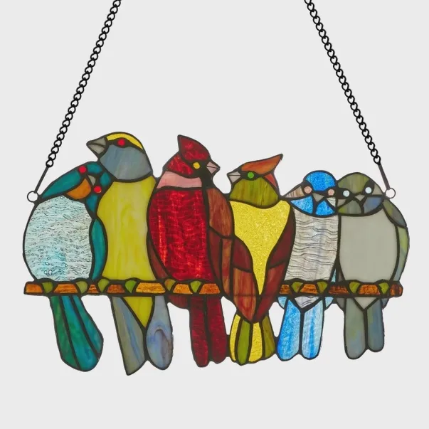 15" Birds in Love Stained Glass Window Panel