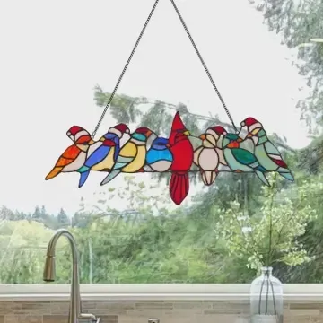 23" Santa Birds On A Wire Stained Glass Window Panel