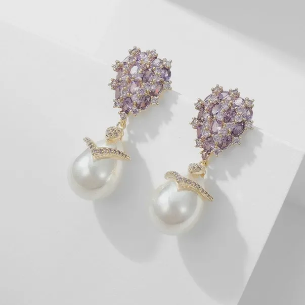 Gold Pearl Drop Wedding Statement Earrings in Purple Solid Copper