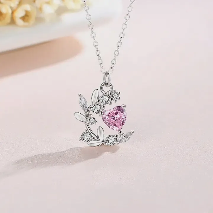 Pink Heart Flower Leaf Charm Necklace in 925 Sterling Silver