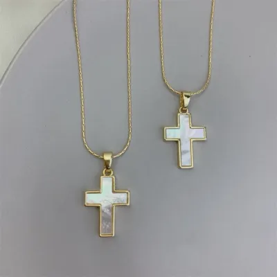 Gold Mother of Pearl Cross Pendant Necklace in Solid Copper