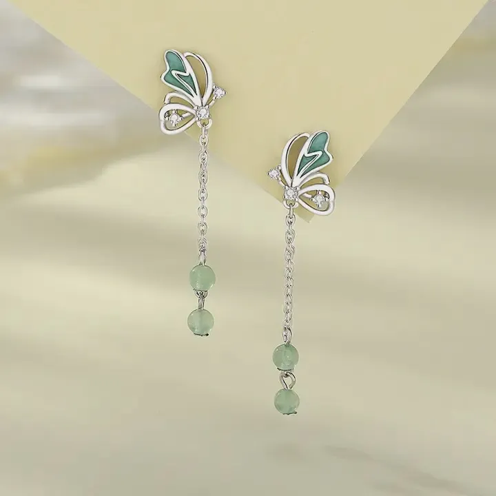 Green Butterfly Dangle Drop Earrings in 925 Sterling Silver