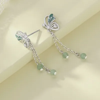 Green Butterfly Dangle Drop Earrings in 925 Sterling Silver