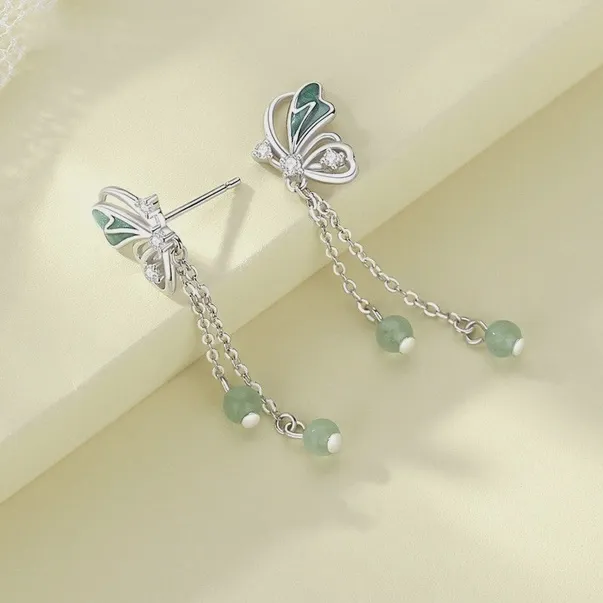 Green Butterfly Dangle Drop Earrings in 925 Sterling Silver