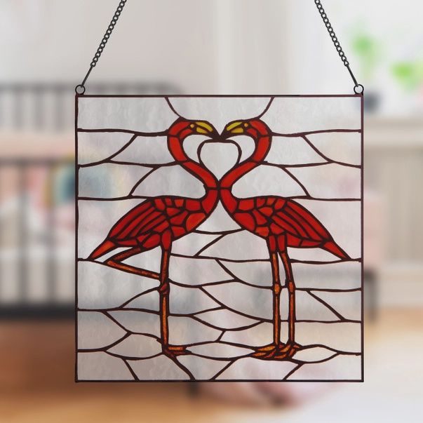 12.5"H Pink Flamingos Stained Glass Window Panel