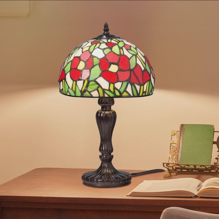 17" Genevieve Red Flowers Stained Glass Table Lamp