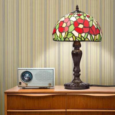 17" Genevieve Red Flowers Stained Glass Table Lamp