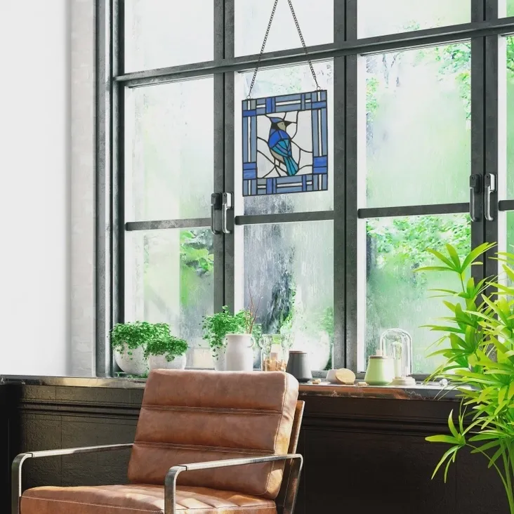 11" Blue Jay Stained Glass Window Panel
