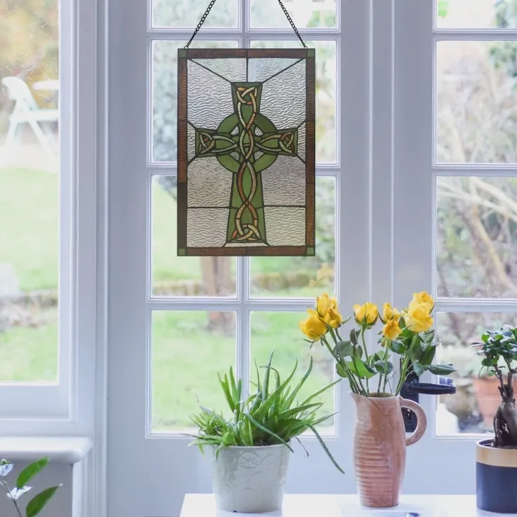 18" Celtic Cross Stained Glass Window Panel