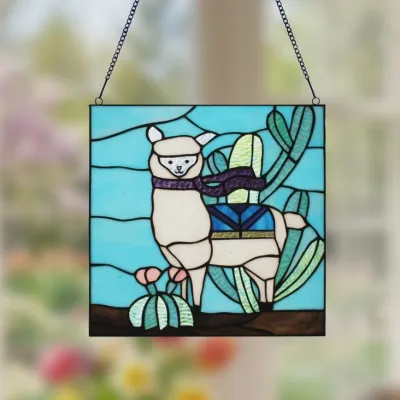 12.5” Liam the Desert Llama Blue Stained Glass Window Panel