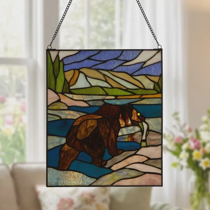 14" Brown Bear Stained Glass Window Panel