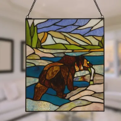 14" Brown Bear Stained Glass Window Panel