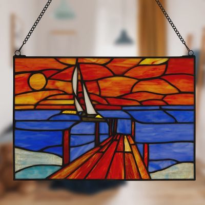 14" Sailboat Orange &amp; Blue Stained Glass Window Panel