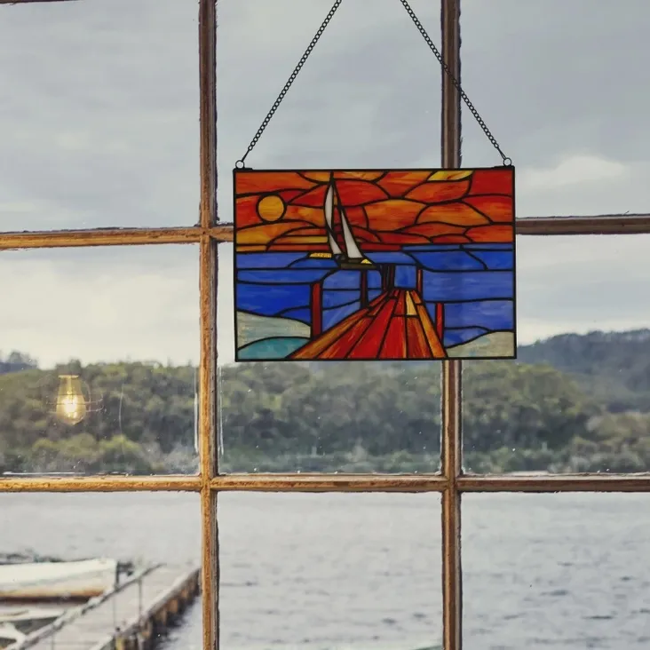 14" Sailboat Orange &amp; Blue Stained Glass Window Panel