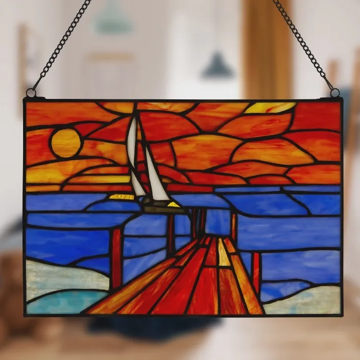 14" Sailboat Orange &amp; Blue Stained Glass Window Panel