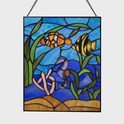 14" Underwater Blue Ocean Scene Stained Glass Window Panel