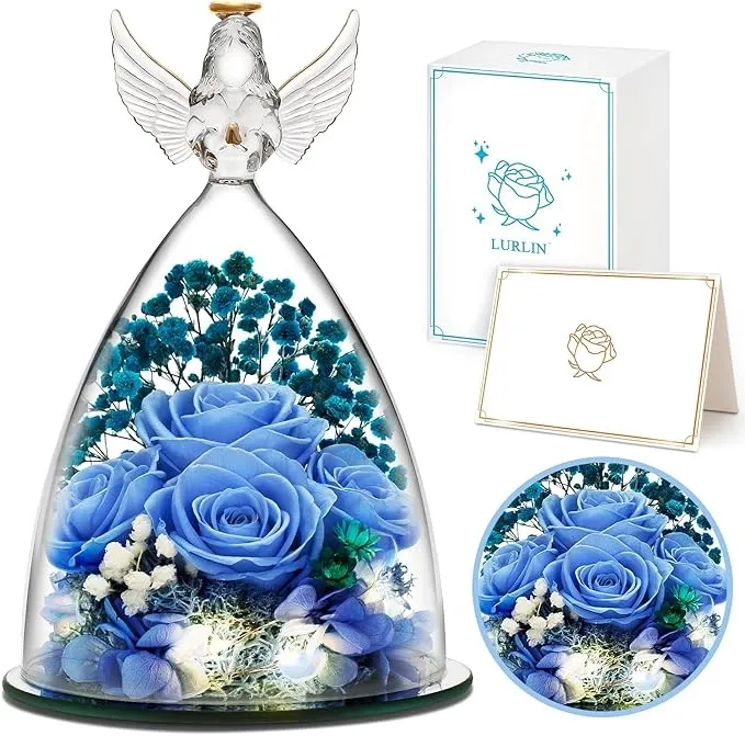Real Blue Rose Glass Angel