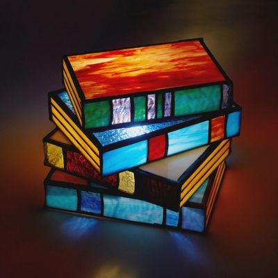 5.75" Multi-Colored Book Stack Stained Glass Accent Lamp