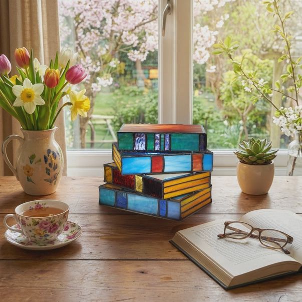 5.75" Multi-Colored Book Stack Stained Glass Accent Lamp