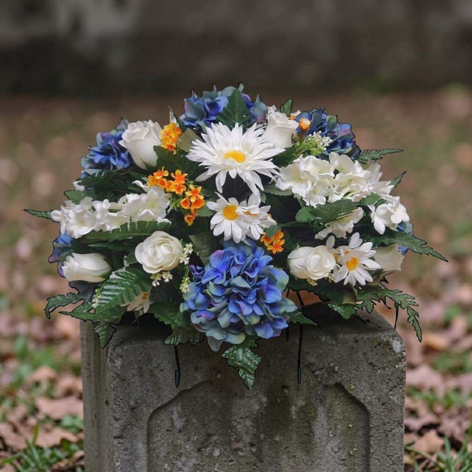 Blue and White Silk Flowers Cemetery Saddle