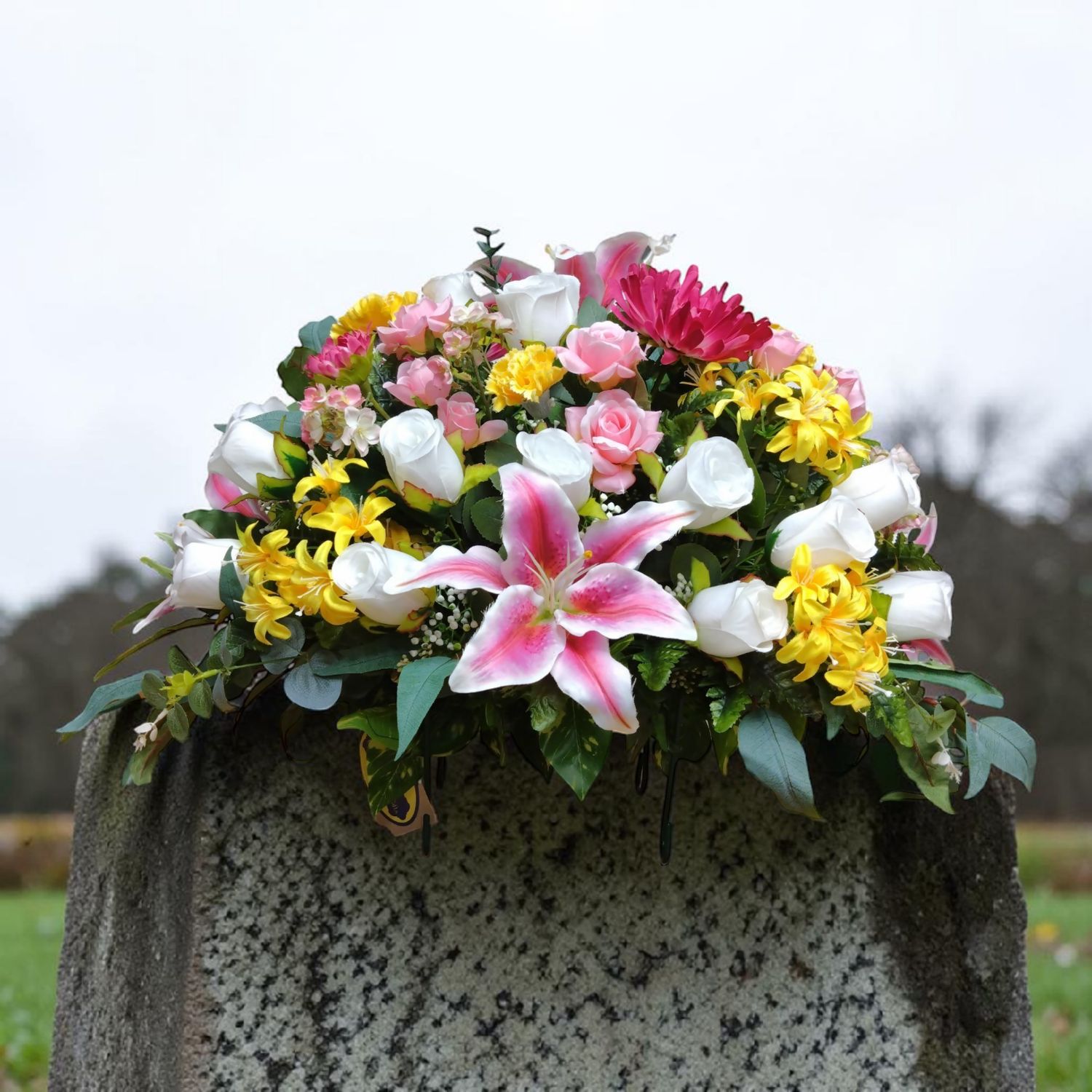 Pink Lilies Silk Flowers Cemetery Saddle