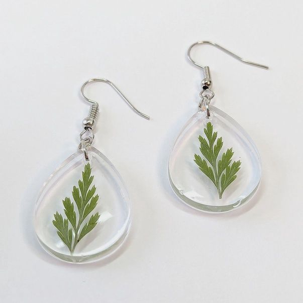 Dried Real Fern Leaf Teardrop Resin Earrings