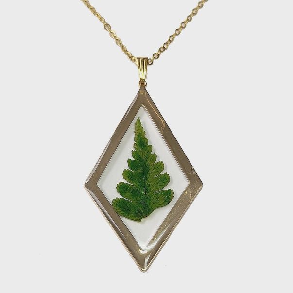 Dried Real Fern Leaf Diamond Resin Necklace Gold