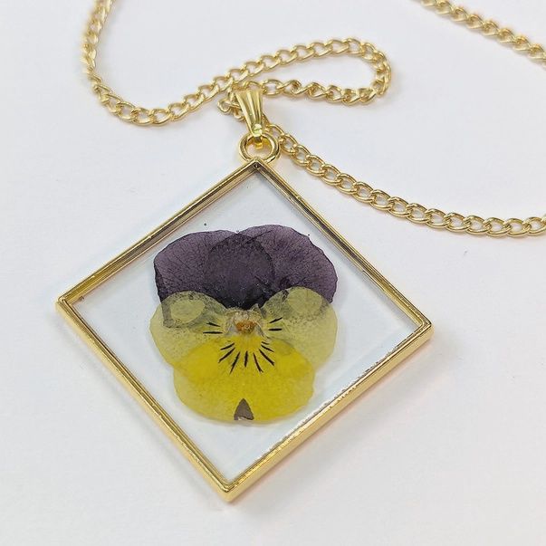 Diamond Real Dried Yellow &amp; Purple Pansy Flower Resin Necklace