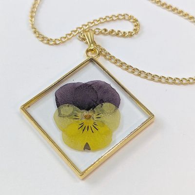 Diamond Real Dried Yellow &amp; Purple Pansy Flower Resin Necklace