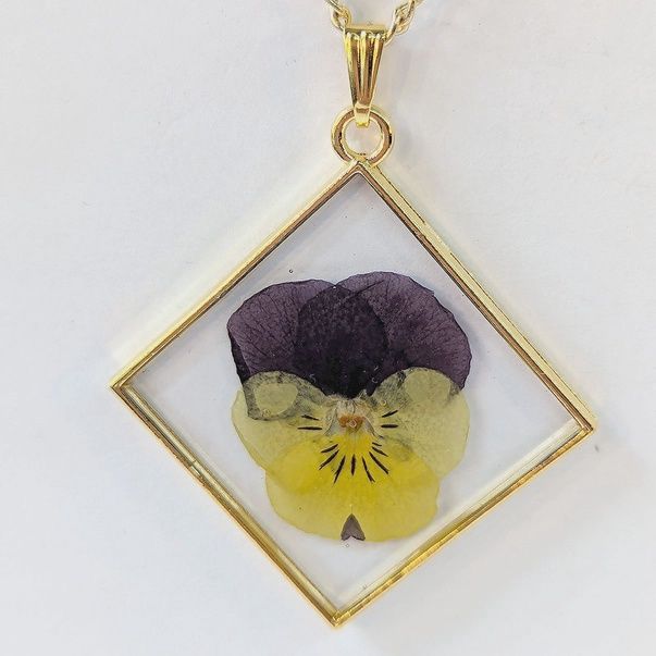 Diamond Real Dried Yellow &amp; Purple Pansy Flower Resin Necklace