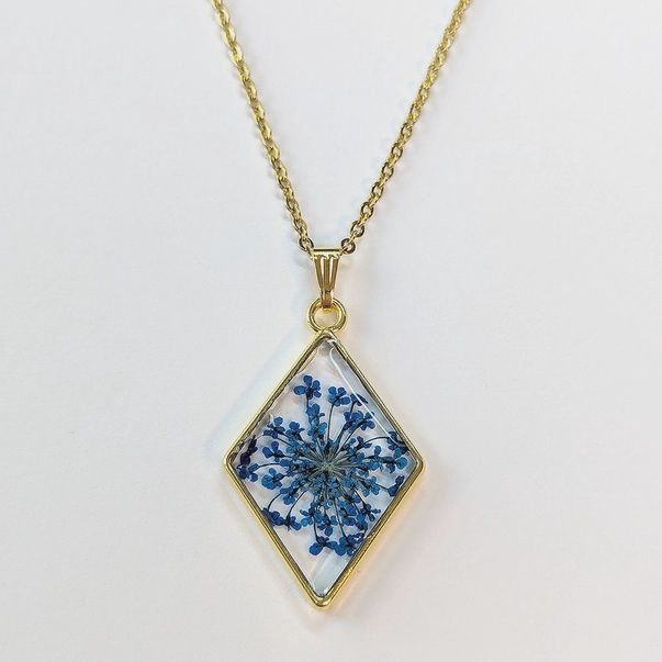 Diamond Real Dried Blue Flower Resin Necklace
