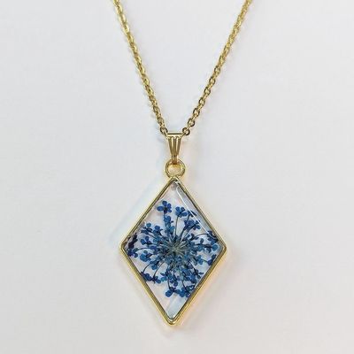 Diamond Real Dried Blue Flower Resin Necklace