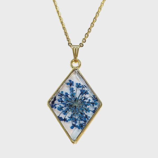 Diamond Real Dried Blue Flower Resin Necklace