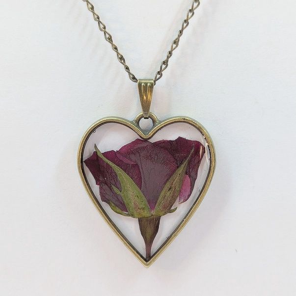 Heart Real Dried Red Rose Flower Resin Necklace