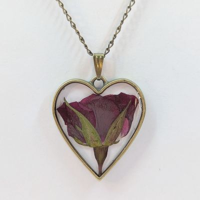 Heart Real Dried Red Rose Flower Resin Necklace