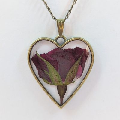 Heart Real Dried Red Rose Flower Resin Necklace