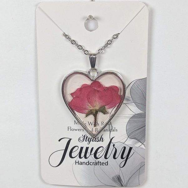 Heart Real Dried Red Rose Flower Resin Necklace, Colour: Silver