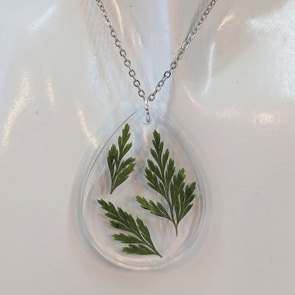 Dried Real Fern Leaf Teardrop Resin Necklace