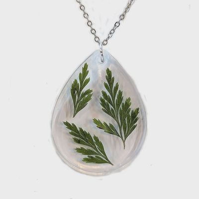 Dried Real Fern Leaf Teardrop Resin Necklace