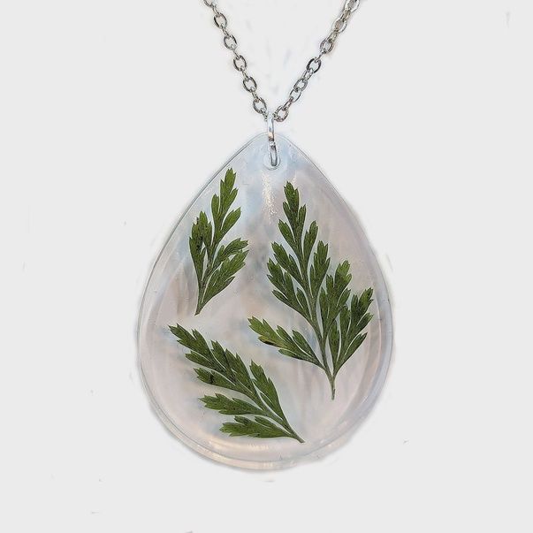 Dried Real Fern Leaf Teardrop Resin Necklace