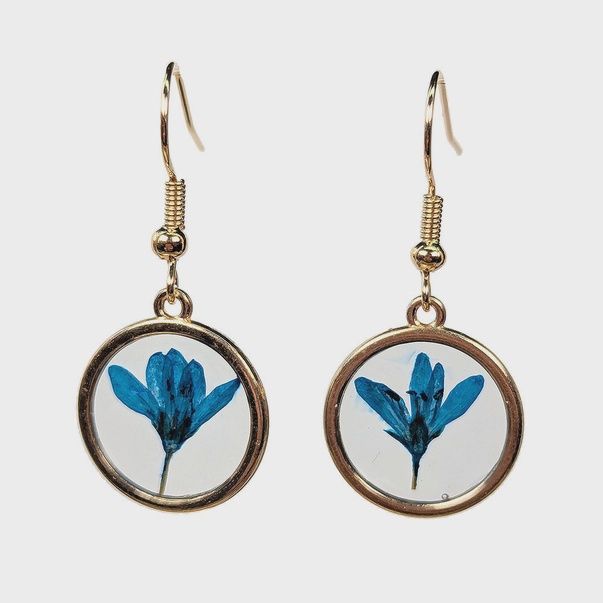 Real Dried Blue Flower Resin Round Earrings Gold