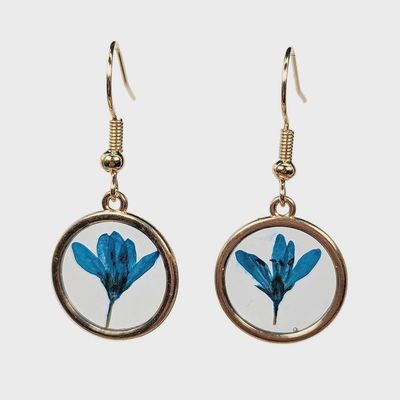 Real Dried Blue Flower Resin Round Earrings Gold