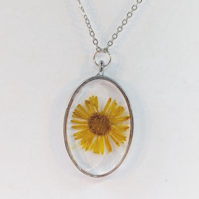 Oval Real Dried Yellow Daisy Flower Resin Necklace